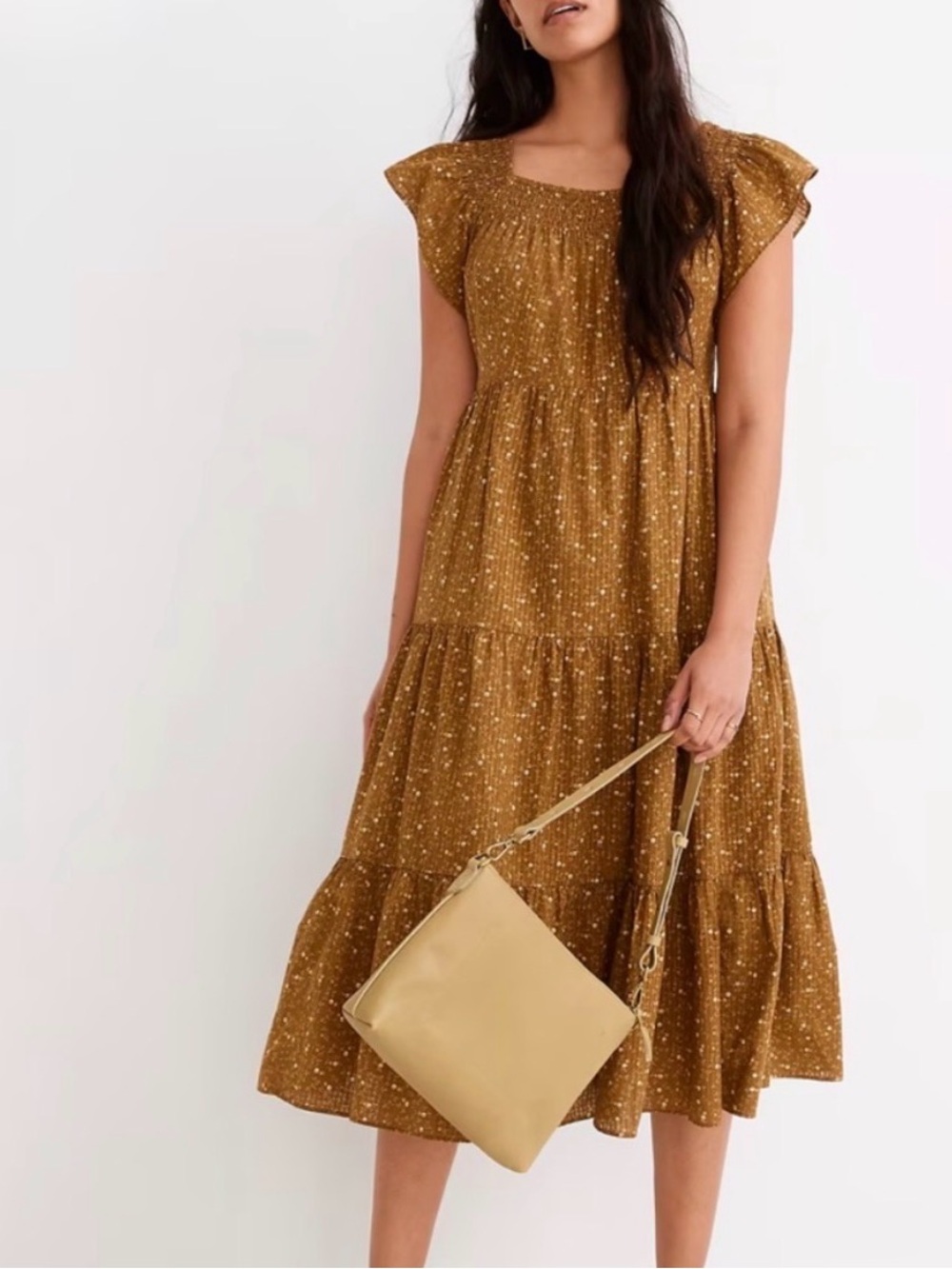 Ruffle-Sleeve Tiered Midi Dress in Daisy Stitch